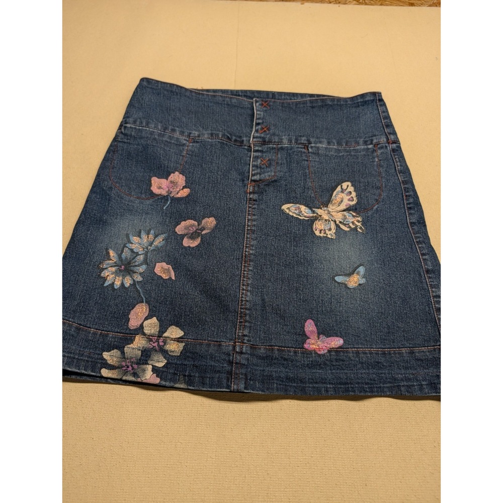 Gas Women's Skirt Denim Size Medium With Painted Butterfly Accents Short